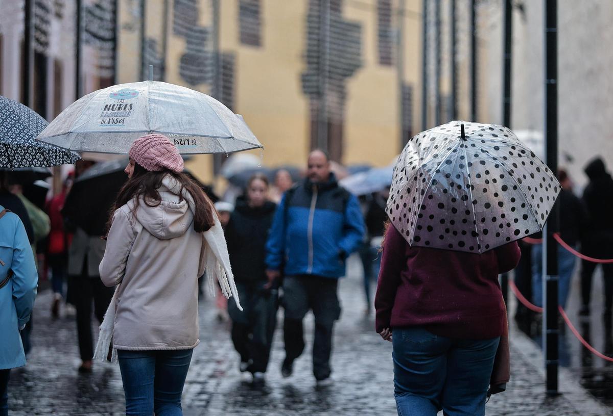 Personas con paraguas en La Laguna debido a la lluvia