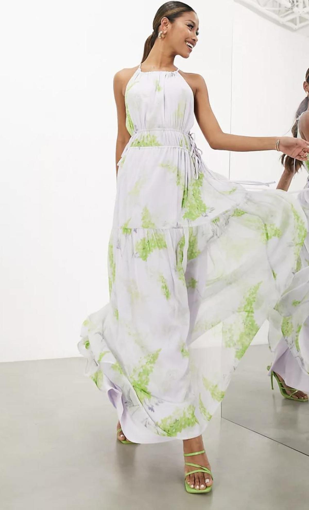 Vestido largo lila con cuello halter, estampado floral y cordón ajustable de chifón de ASOS EDITION