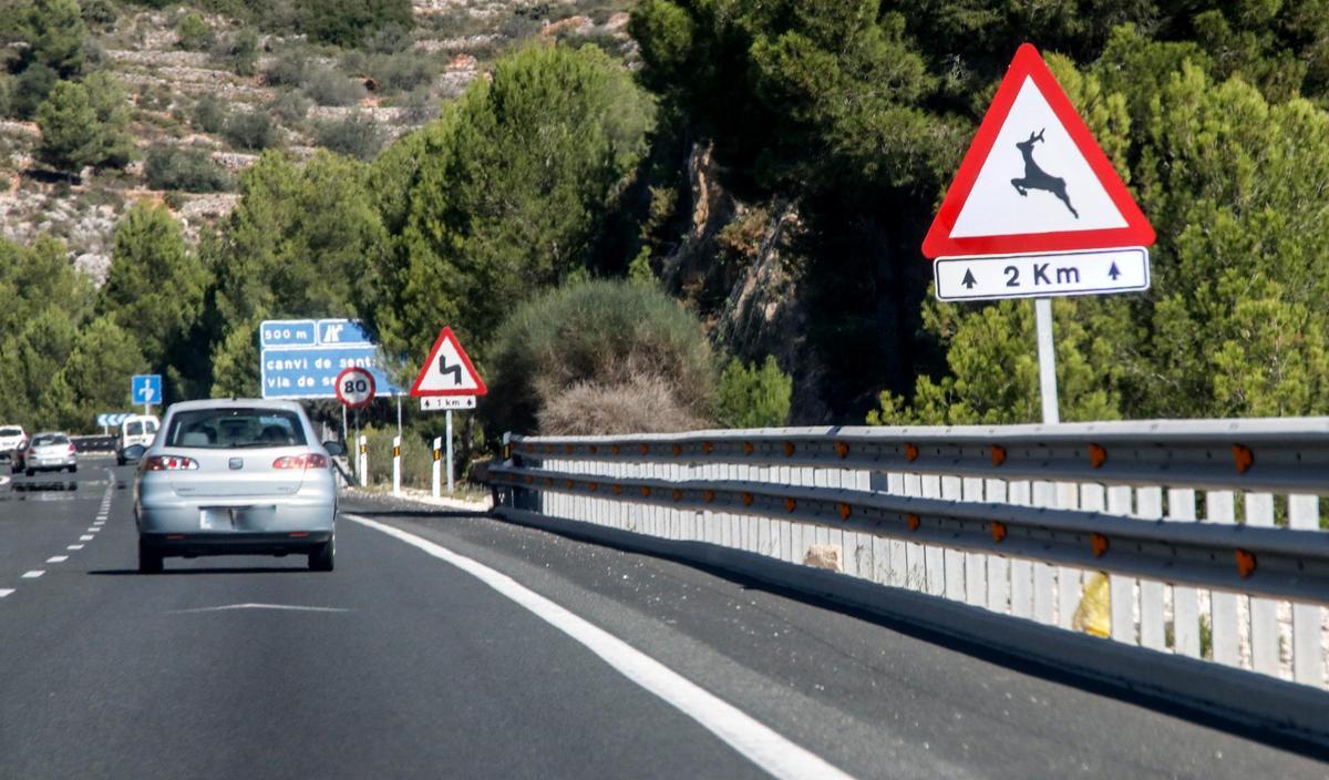 Señal advirtiendo del riesgo de la presencia de animales en la calzada en la A-7 en dirección a València, a la altura de Muro.