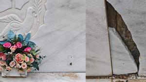 Detalle las lápidas de la familia de Díaz, en el cementerio de Viladecans, vandalizadas el pasado mes de abril.