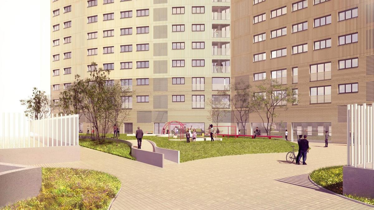 Figuración del edificio de 90 viviendas de alquiler asequible en Quatre Carreres