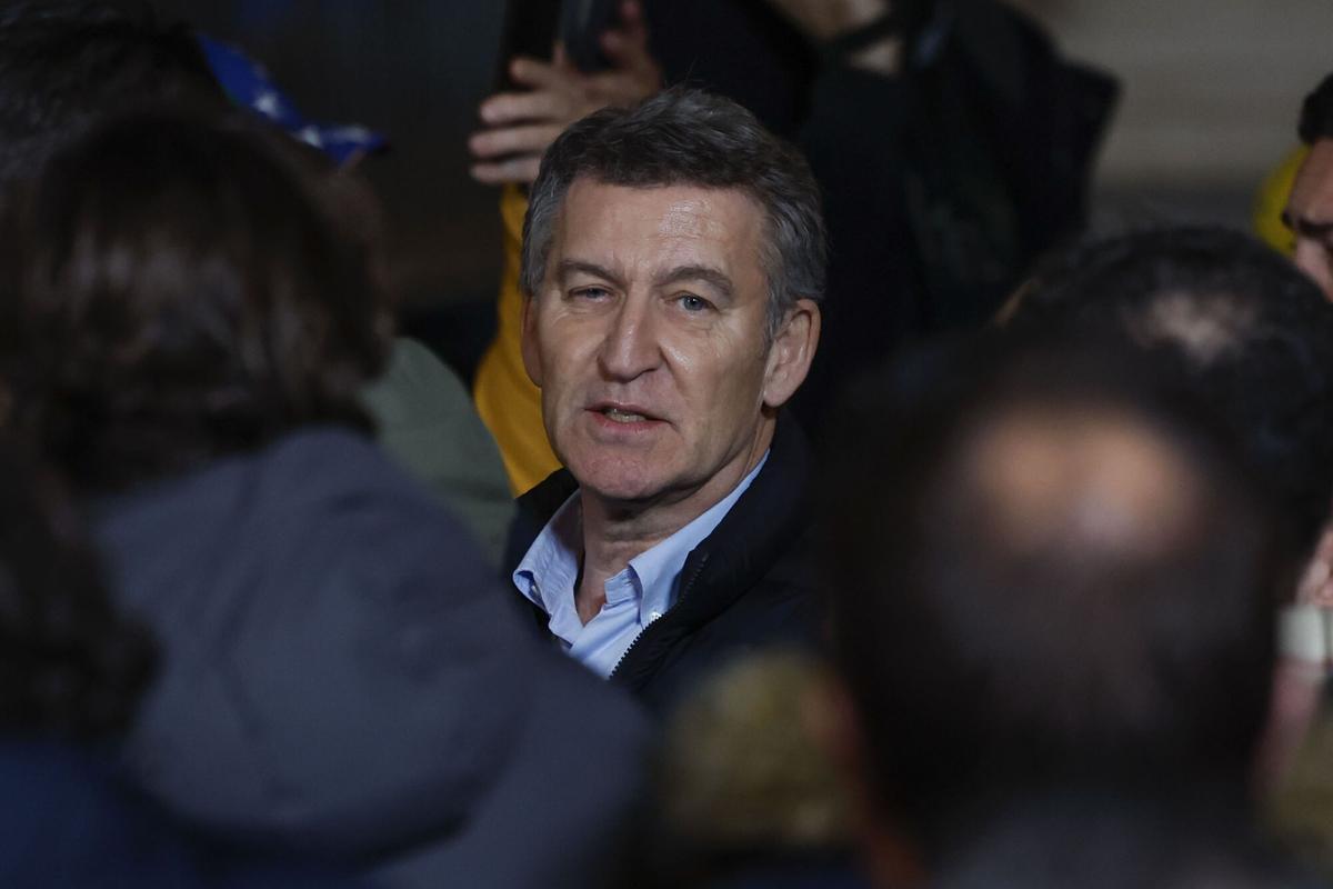 MADRID, 09/01/2025.- El líder del Partido Popular, Alberto Núñez Feijóo, participa en una manifestación convocada en Madrid para apoyar al candidato opositor Edmundo González como presidente electo de Venezuela, este jueves, en vísperas de la toma de posesión presidencial en Caracas. EFE/ Mariscal