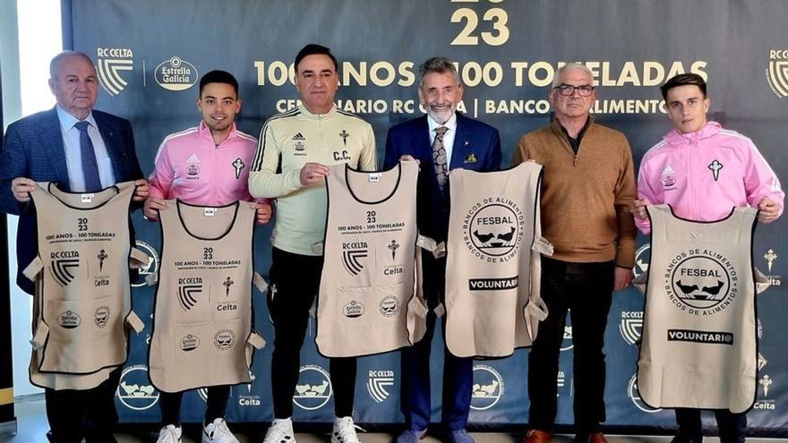 Posada, Beltrán, Carvalhal, Mouriño, Iván Martínez y Cervi, ayer, en la ciudad deportiva del Celta tras anunciar la campaña solidaria. |  // RCCV