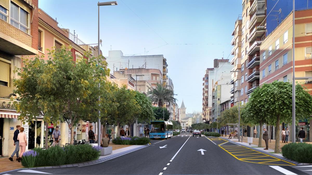 Recreación virtual del resultado de la reforma de la avenida de la Constitución de Villena.