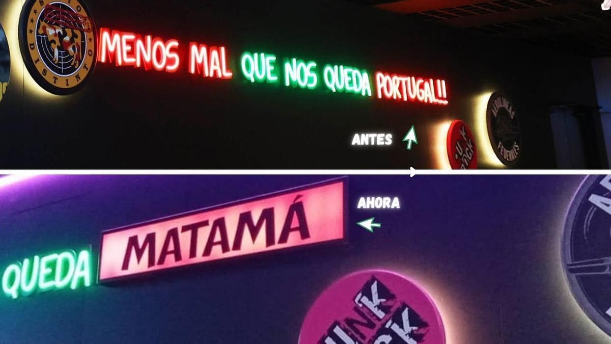 Arriba, el rótulo primigenio, debajo el cartel luminoso renovado que prescinde de &quot;Portugal&quot; y lo sustituye por &quot;Matamá&quot;