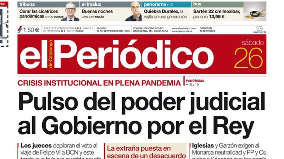 La portada de EL PERIÓDICO del 26 de septiembre del 2020.