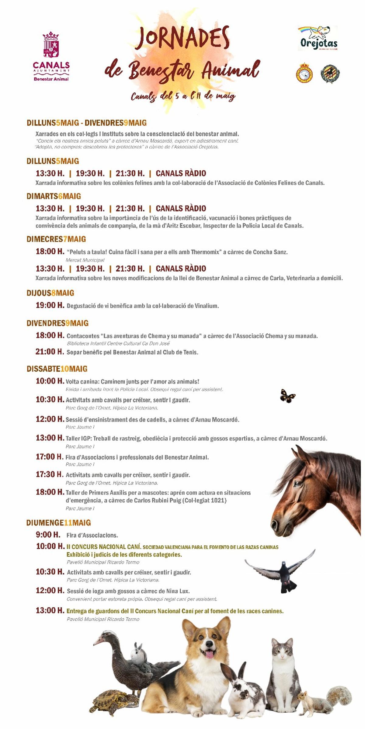 Programación de las jornadas de bienestar animal en Canals.