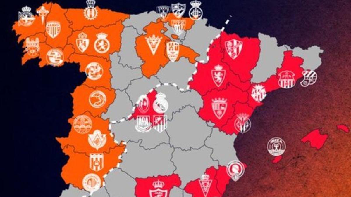 Mapa del reparto de los dos grupos de la Primera RFEF; en el este, los dos valencianos