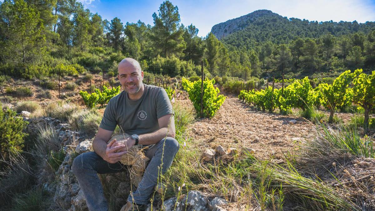 Javi Revert en uno de sus viñedos a los pies de Penya Foradà.