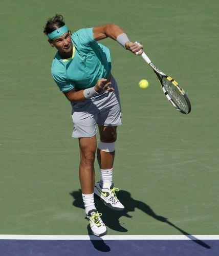 Nadal serves to Del Potro during their ATP men's singles tennis final at the BNP Paribas tournament in Indian Wells