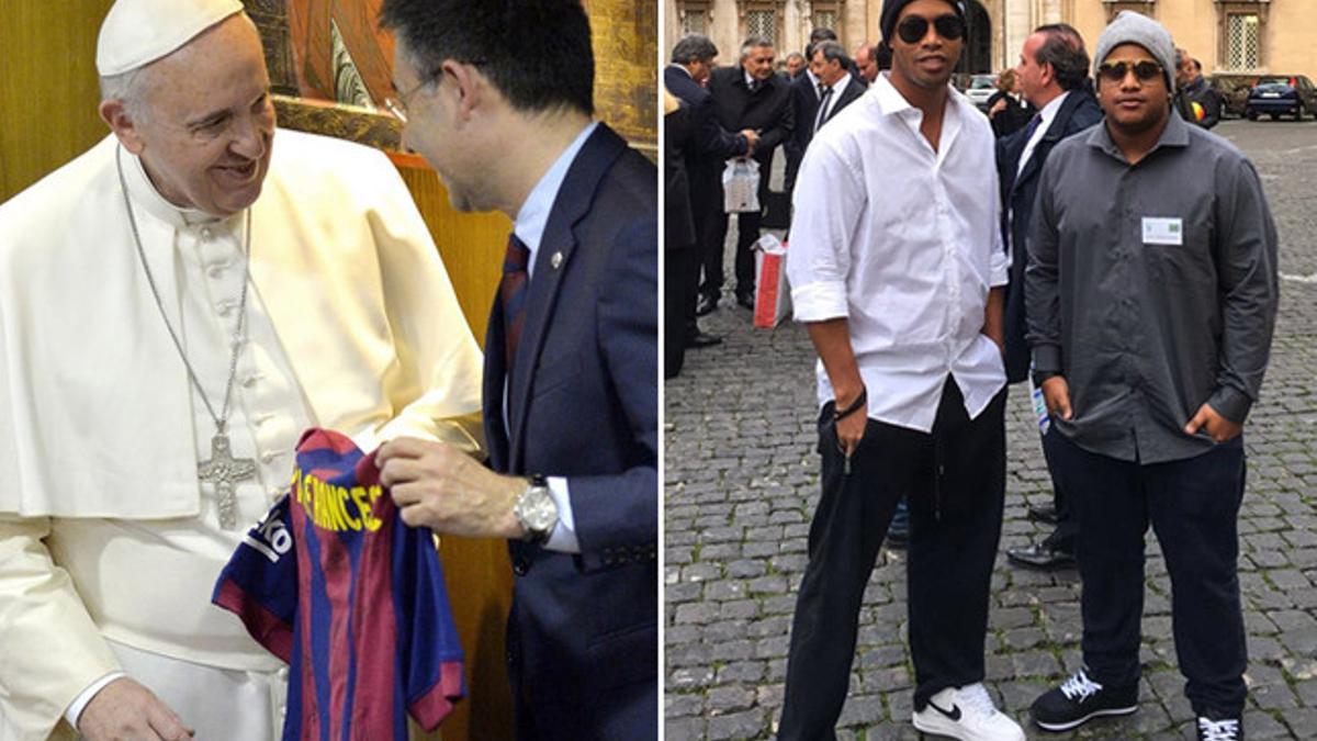 El papa con Bartomeu y Ronaldinho en el Vaticano