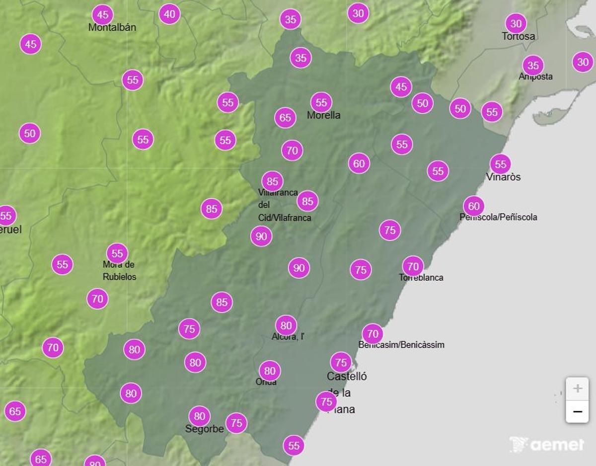 Probabilidades de precipitación en la provincia de Castellón el jueves 14 de mayo de 12h a 18h