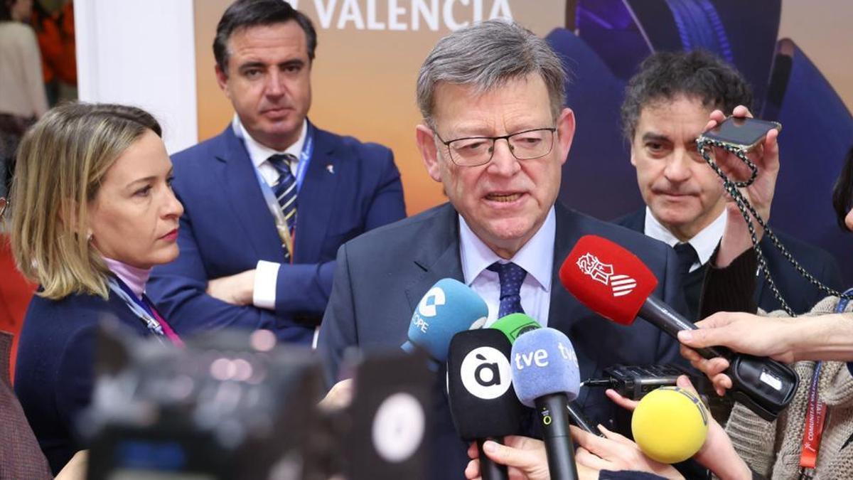 El president Ximo Puig, durante la comparecencia en el estand de la Comunitat en Berlín, este martes.