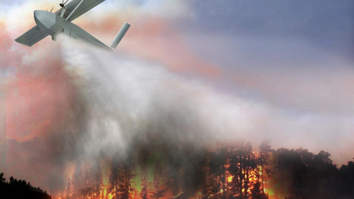 Simulación gráfica de cómo funcionaría el avión antincendios diseñado por Singular Aircraft.