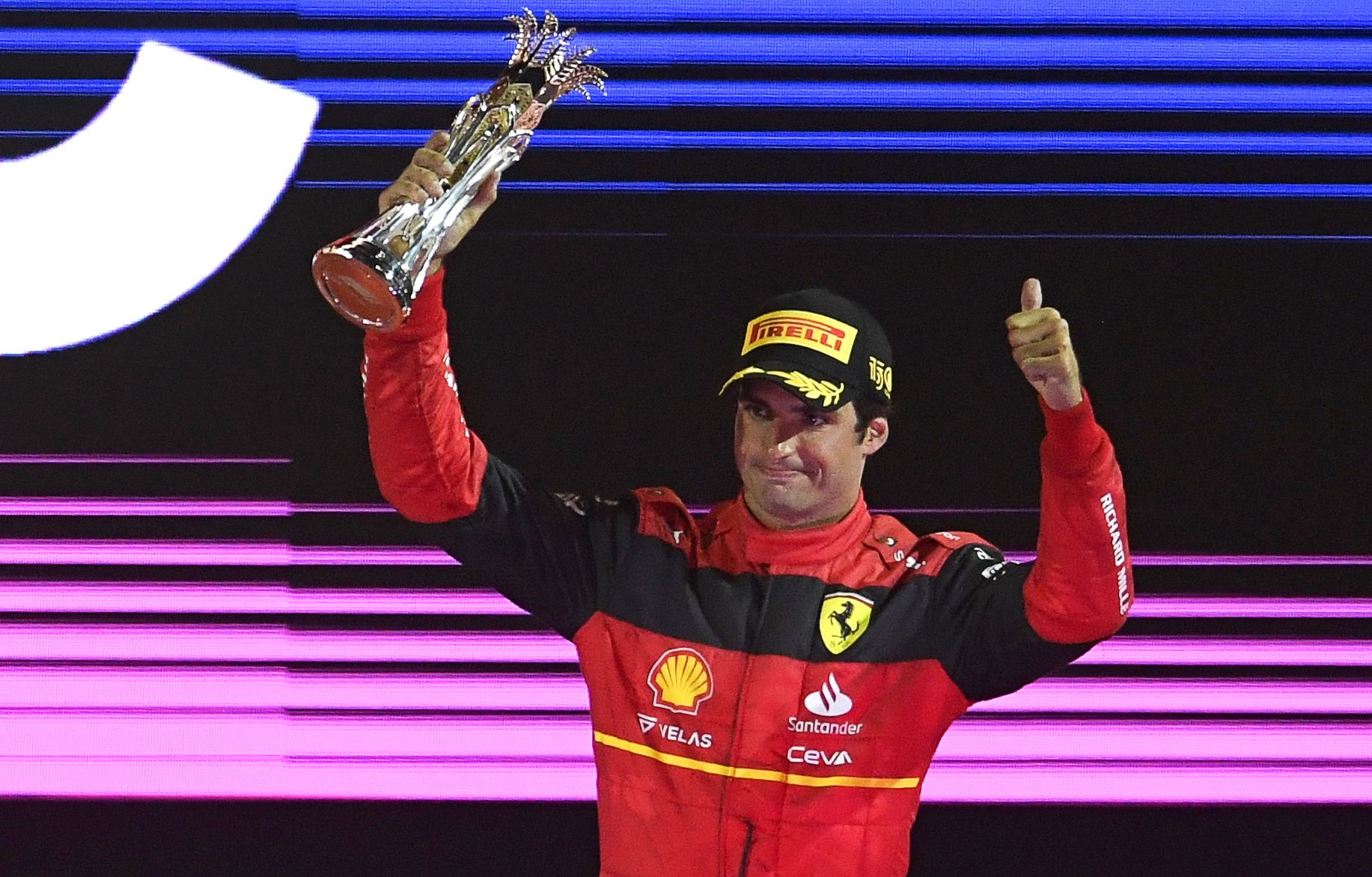 Carlos Sainz on the Jeddah podium, after the 2022 Saudi Arabia GP.