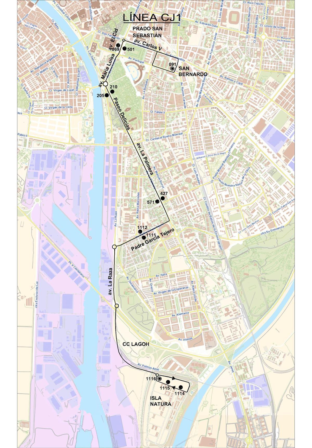 Recorrido y paradas de la nueva línea CJ1 de Tussam.