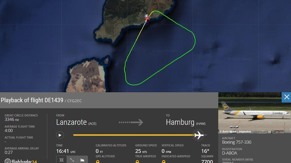 Trayectoria del avión de Condor que tuvo que regresar a Lanzarote por un fallo en el motor.