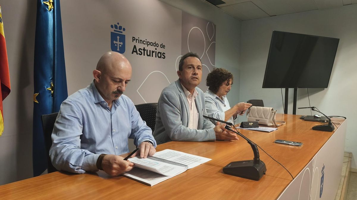 Faustino Zapico (izq), Director General de Consumo; Ovidio Zapico, diputado por IU; y Beatriz González, Viceconsejera de Derechos Ciudadanos; durante la rueda de prensa