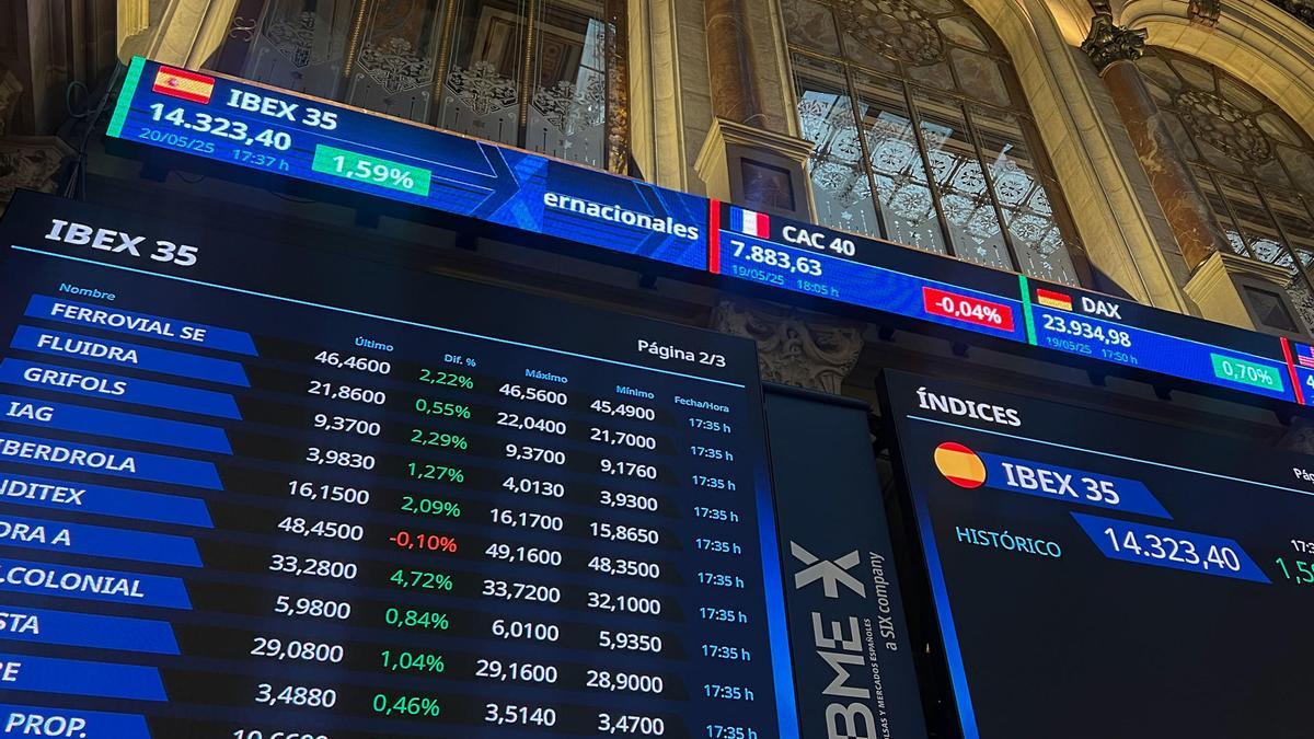 Paneles del Ibex 35 durante la sesión de este martes.