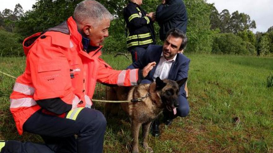 Diego Calvo con instructores y agentes y uno de los perros de búsqueda de desaparecidos / xunta de galicia