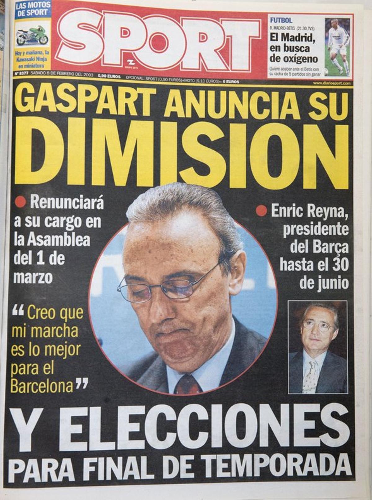 2003 - Gaspart dimite como presidente del Barcelona y anuncia elecciones