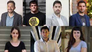 De izquierda a derecha, Sergi Miquel (JNC), Pau Morales (JERC), David Mejía (Ciutadans), Pol Gibert (JSC), Montserrat Mompió (JEV), Carlo Angrisano (Nuevas Generaciones) y Mar Ampurdanès (Arran).