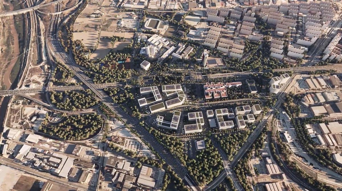 Vista aérea del futuro aspecto del tramo final de la Granvia de L'Hospitalet tras el desarrollo del PDU Biopol-Granvia.