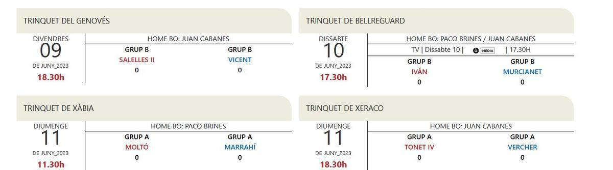 Calendario lligueta de Quarts de Final.