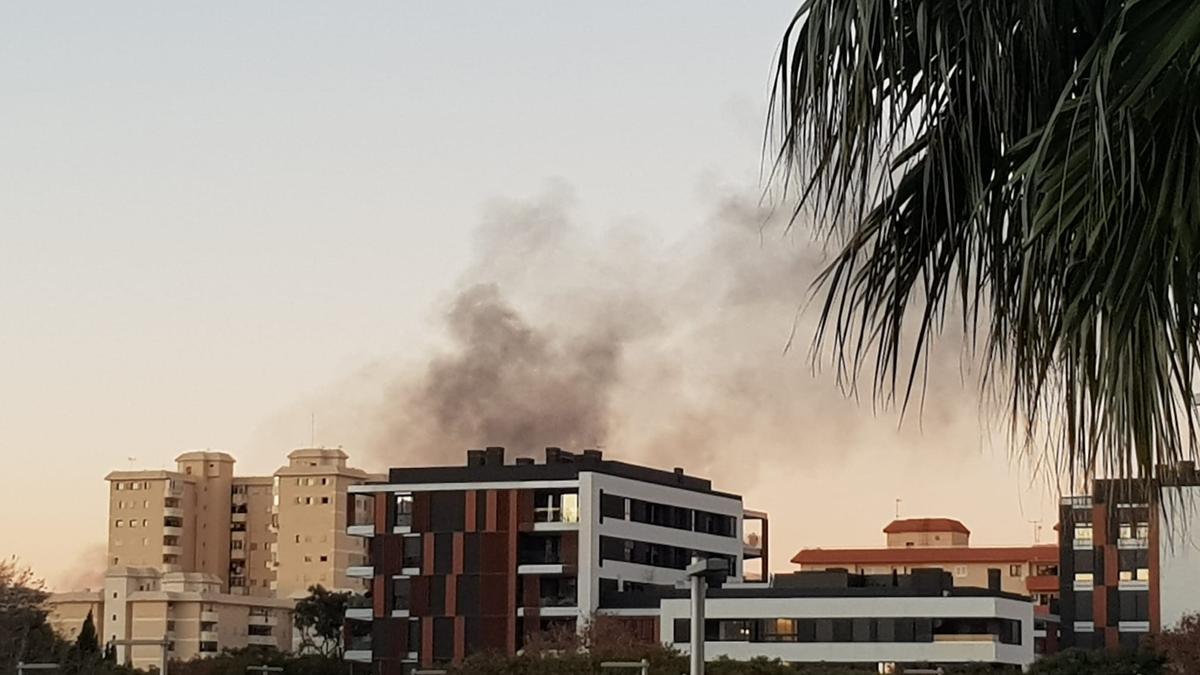 Cortina de humo por el incendio de una batería de contenedores en Palma.