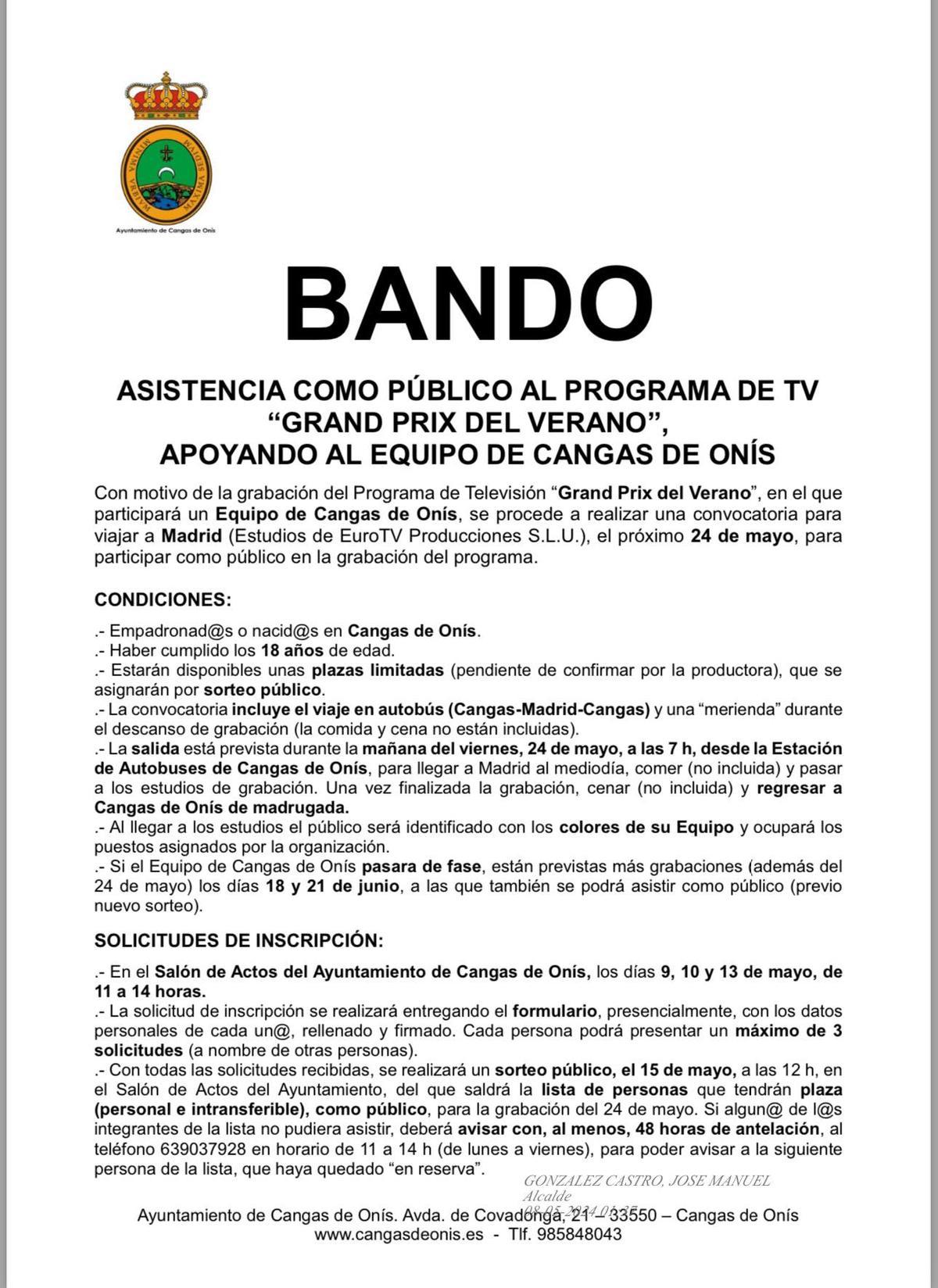 El bando municipal que anuncia el plazo de inscripción.