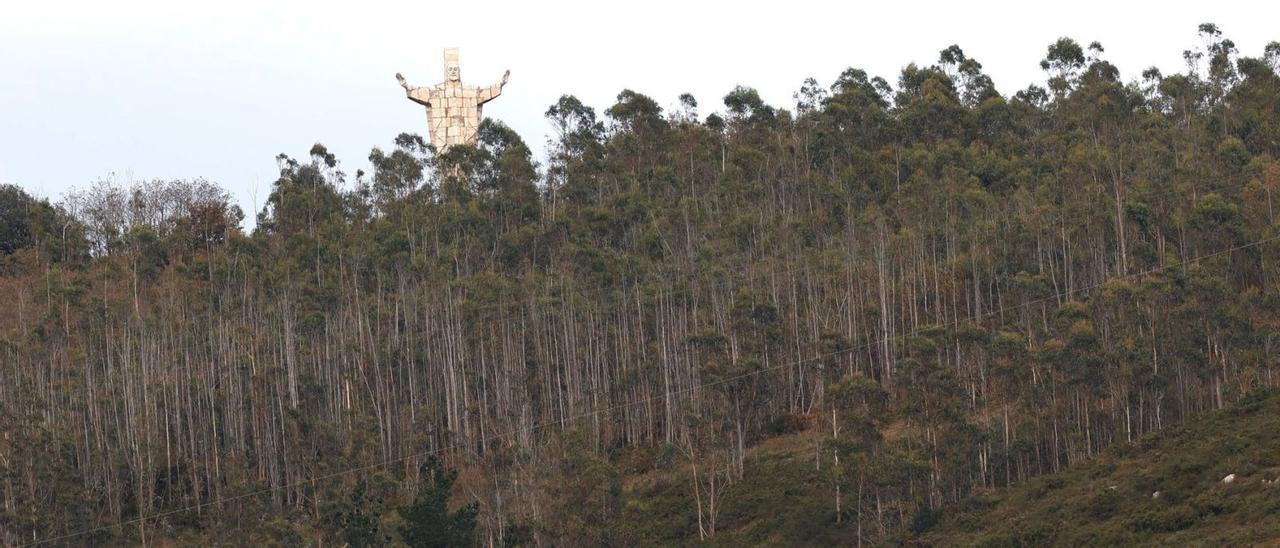 El monumento del Sagrado Corazón de Jesús, sobresaliendo ayer entre una masa forestal del Naranco. | Miki López