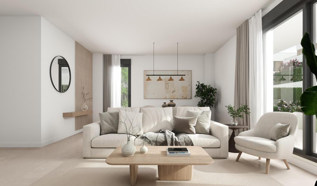 Salón de las futuras viviendas de la promoción Enea de AEDAS Homes en Entrenúcleos, Dos Hermanas, Sevilla.