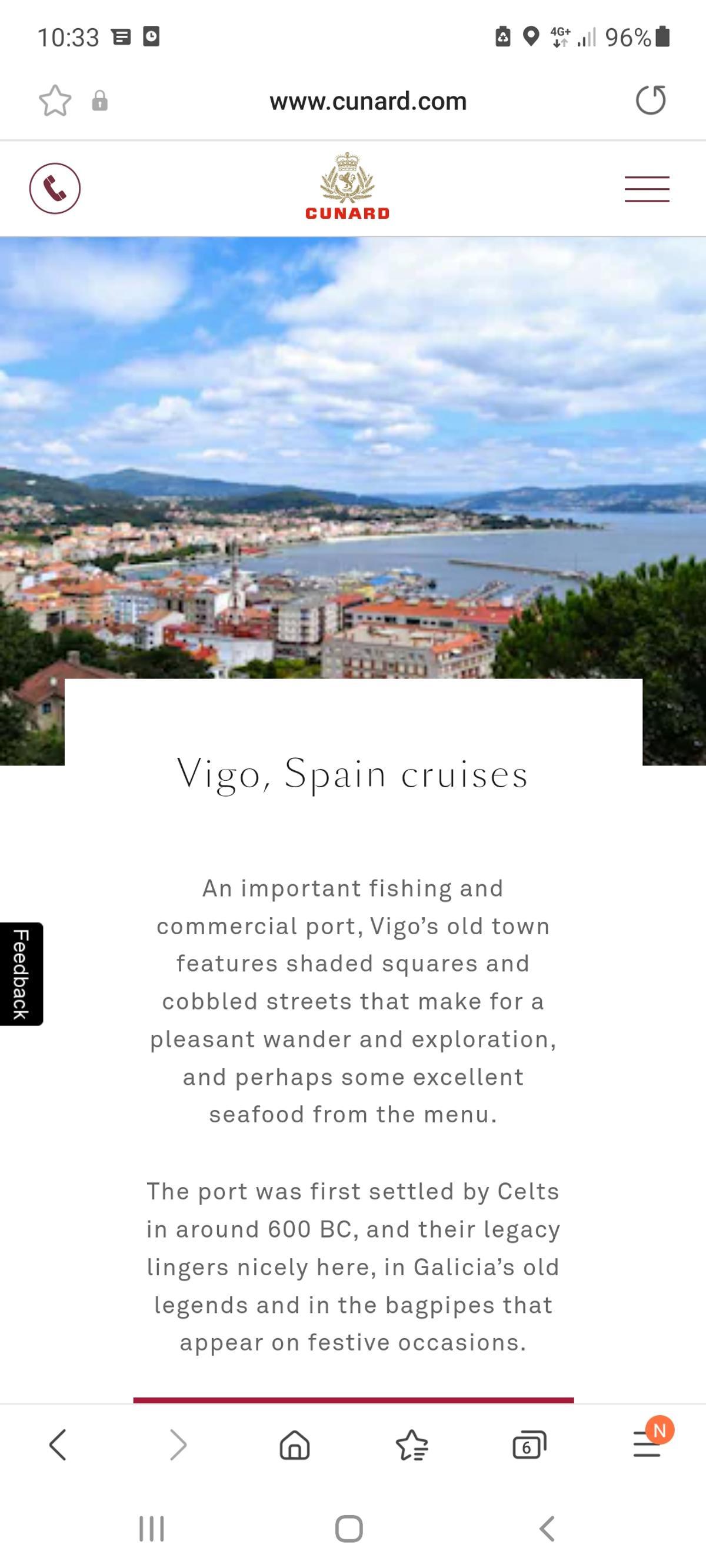 Cunard Line ilustra la información sobre Vigo con una foto de Cangas.