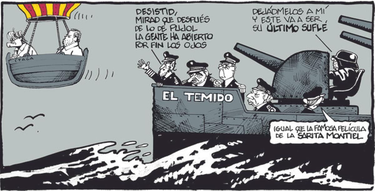 1 de septiembre del 2014. Chiste de Ferreres que muestra a Mas y Junqueras viajando en globo y al Gobierno del PP, a bordo de ’El Temido’, sacando a colación el ’caso Pujol’ para frenar el proceso soberanista.