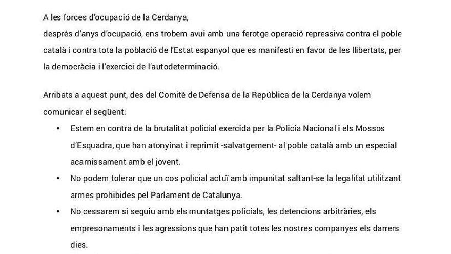 El CDR de Cerdanya es proposa entregar un manifest a la Policia Nacional que l&#039;insta a abandonar la comarca en una setmana