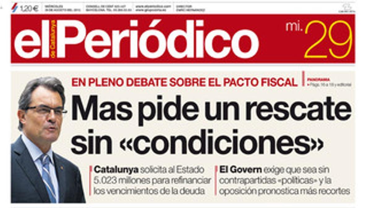 La portada de EL PERIÓDICO DE CATALUNYA, del 29 de agosto.