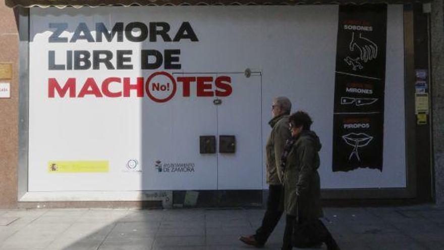 Gran vinilo con el eslogan &quot;Zamora libre de machotes&quot; que luce uno de los escaparates céntricos de la capital.