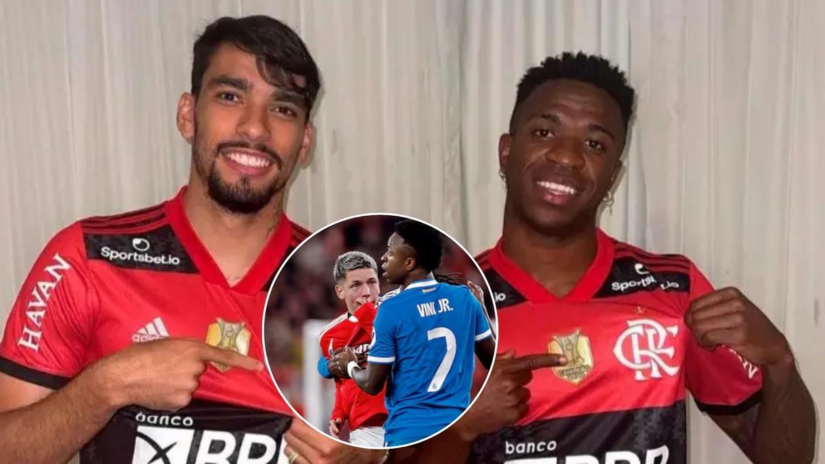 Lucas Paquetá, a la izquierda, junto a Vinicius JR, a la derecha, con la camiseta de Flamengo, su exequipo
