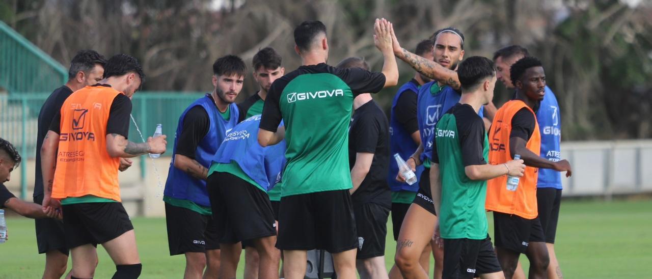 Los futbolistas del Córdoba CF se hidratan durante una sesión de trabajo de la presente pretemporada.