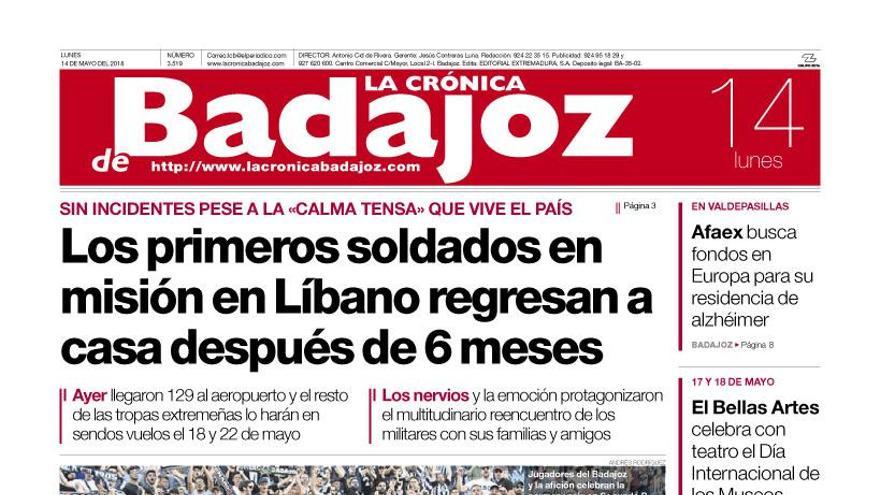 Esta es la portada de LA CRÓNICA DE BADAJOZ correspondiente al día 14 de mayo del 2018