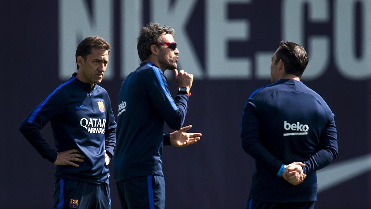 Luis Enrique y sus ayudantes preparan el partido ante Osasuna en la Ciutat Esportiva