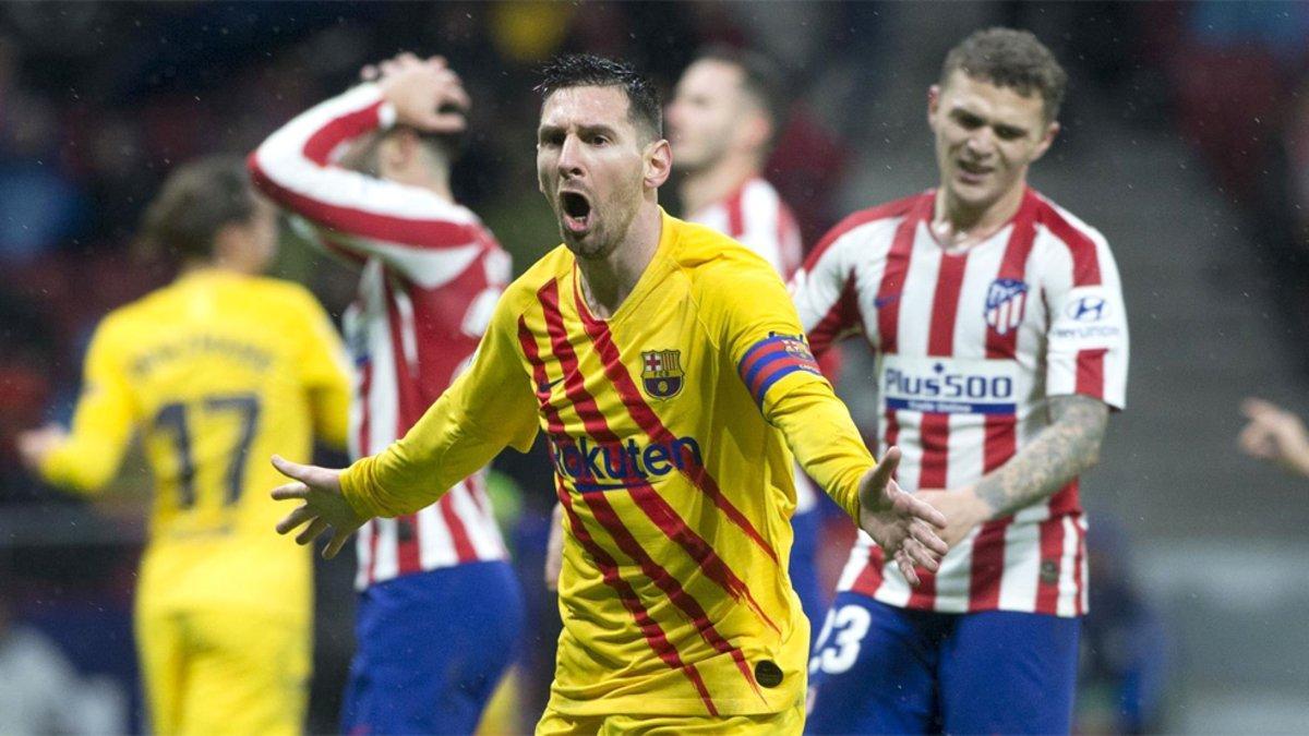 Leo Messi celebra su gol en el Atlético-Barça de la Liga 2019/20 en el Wanda Metropolitano