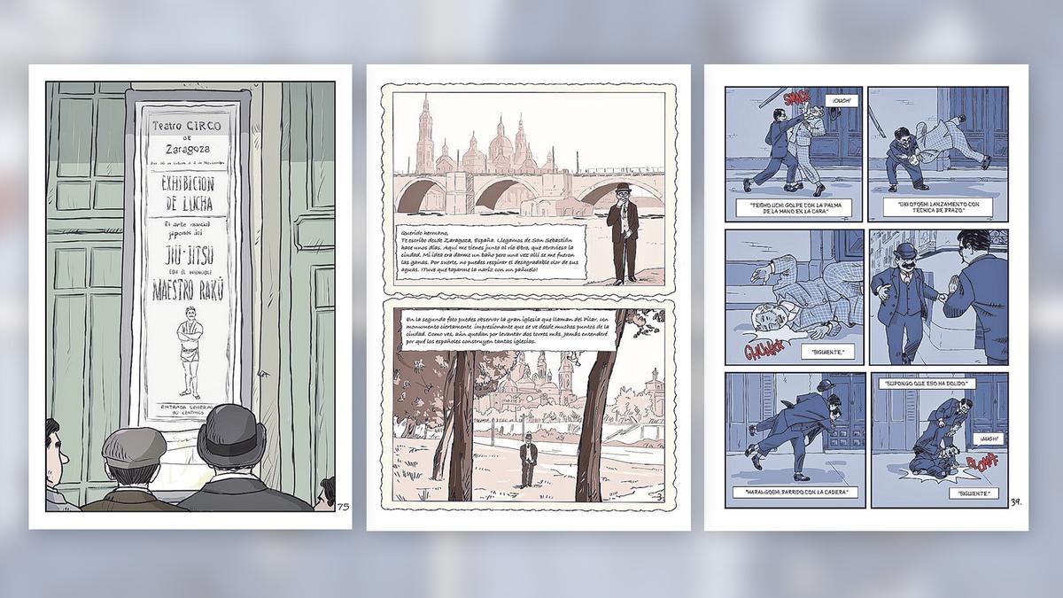 Tres páginas de ‘La pelea del siglo’. El cómic cuenta la historia de ‘Rakú’, el maestro japonés que a principios del siglo XX introdujo el jiu-jitsu en Europa y visitó Zaragoza en 1908.