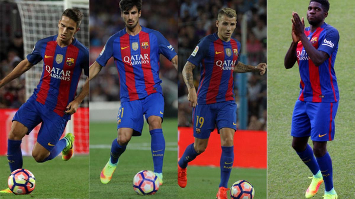 Denis Suárez, André Gomes. Lucas Digne y Samuel Umtiti durante el Barça-Sampdoria de Trofeu Joan Gamper