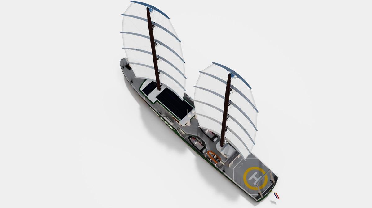 Vista cenital del barco de Greenpeace, con las velas rígidas desplegadas