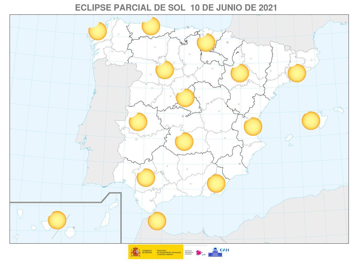 Mapa del eclipse solar del 10 de junio en España