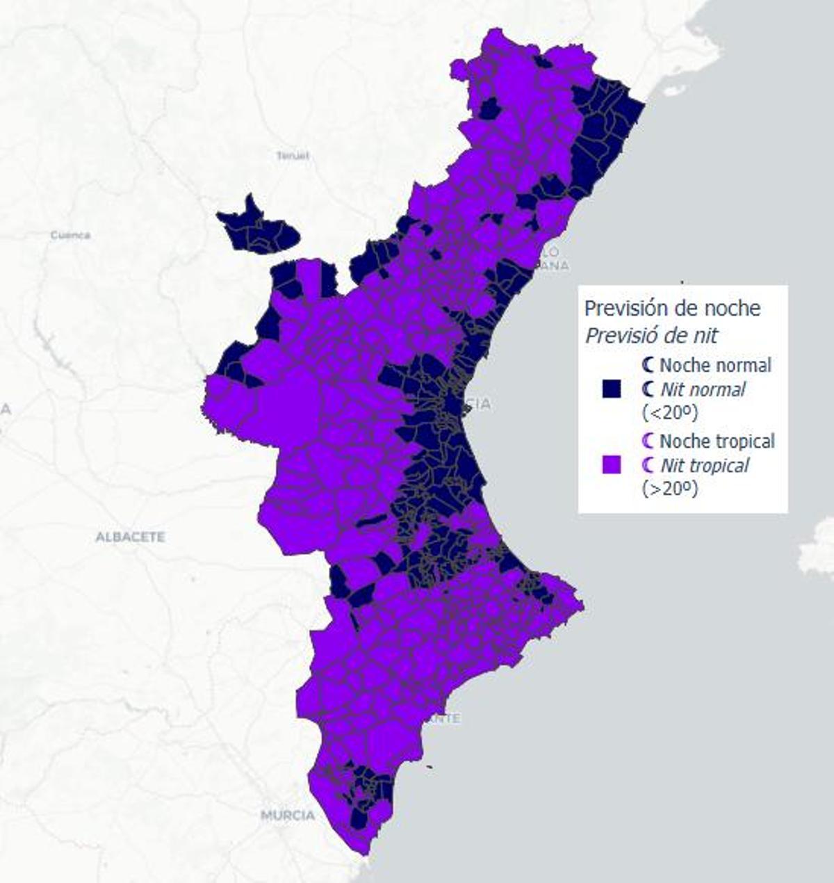 Mapa de noche tropoical en la Comunitat Valenciana