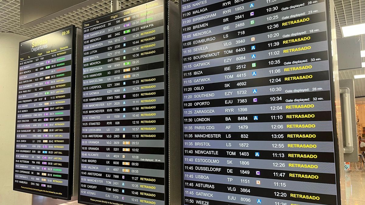 Llamativa imagen de las pantallas del aeropuerto de Mallorca en este momento, con decenas de vuelos retrasados.