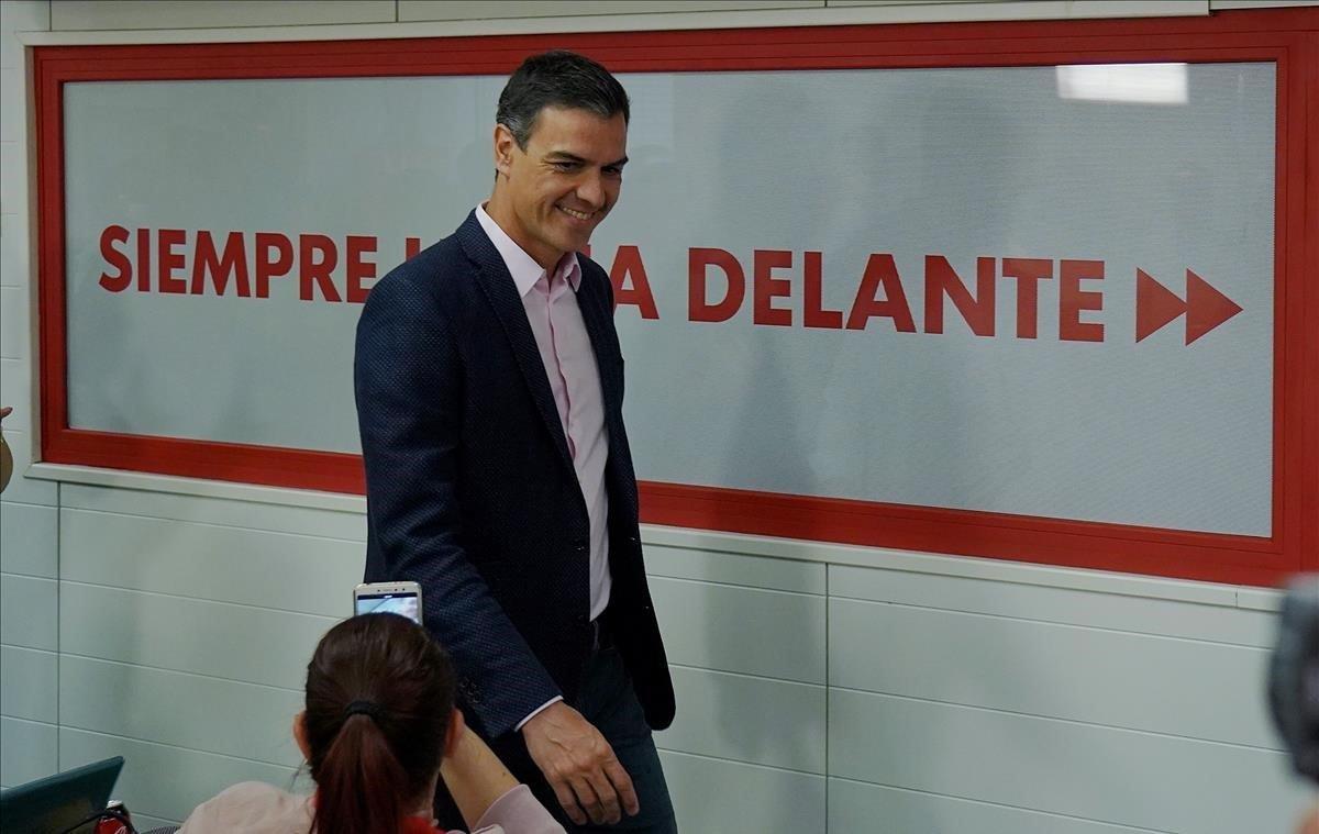 Pedro Sánchez, este domingo en la sede del PSOE. 