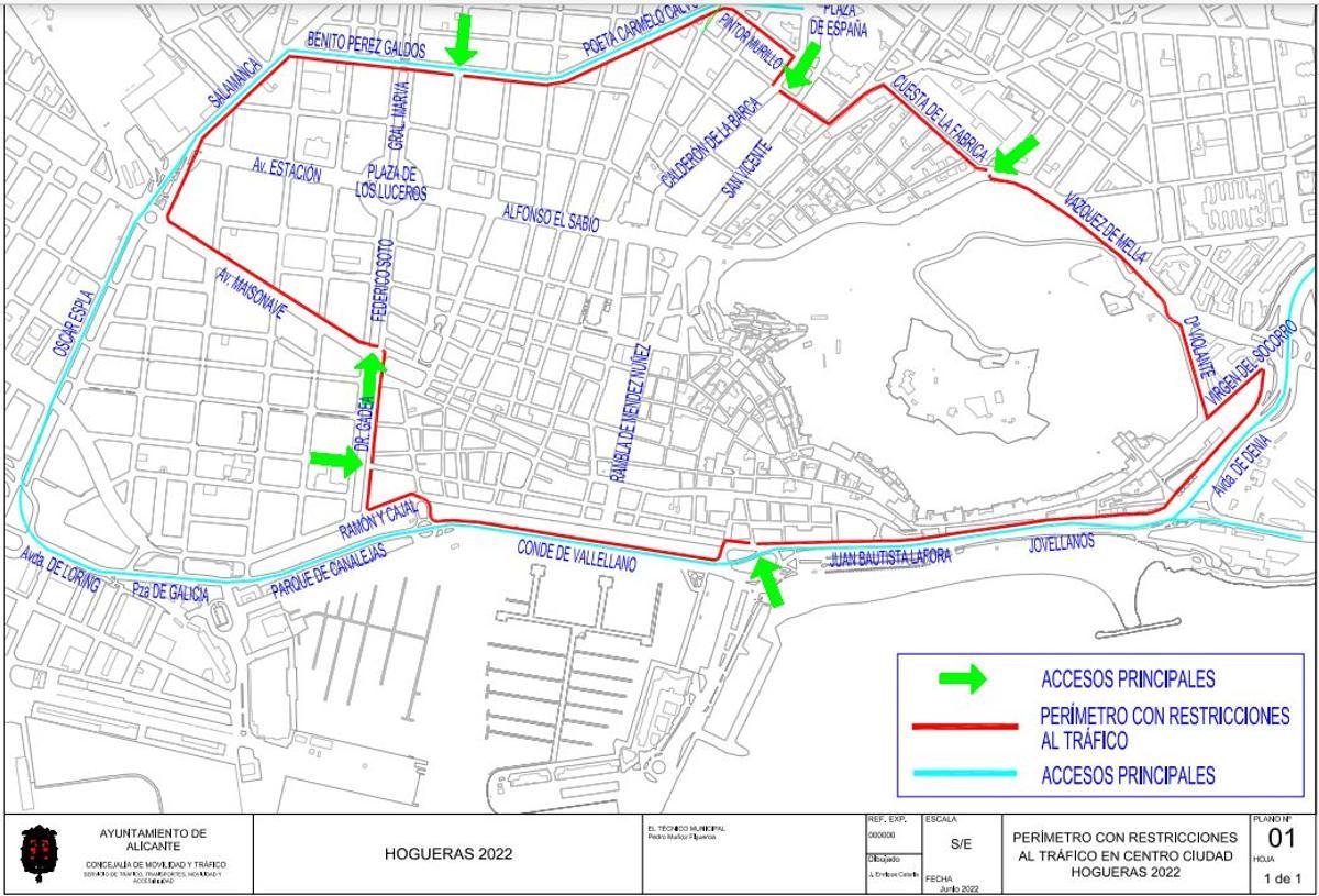 El perímetro de Hogueras, permeable al tráfico a 20 kilómetros por hora